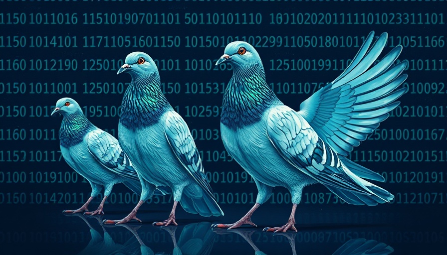 Surreal pigeons with digital code overlay, representing the evolution of AI.