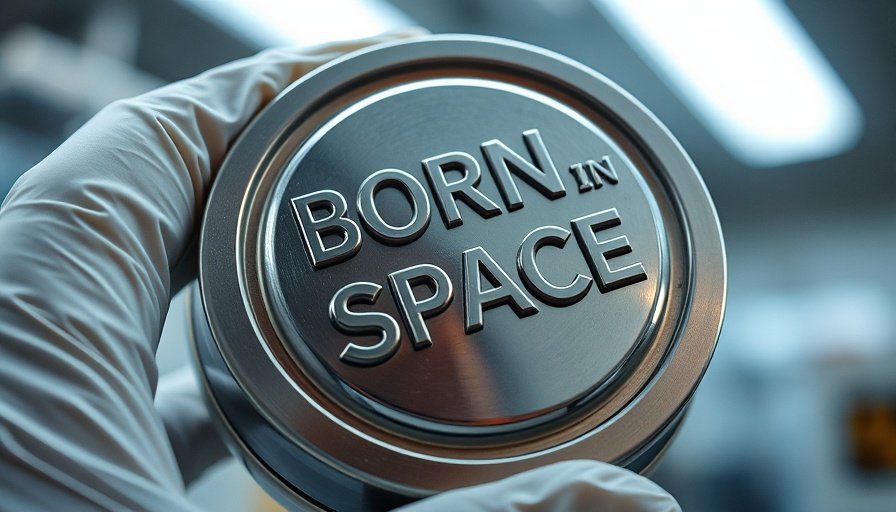3D printed metal object in space examined by a gloved hand, text visible.
