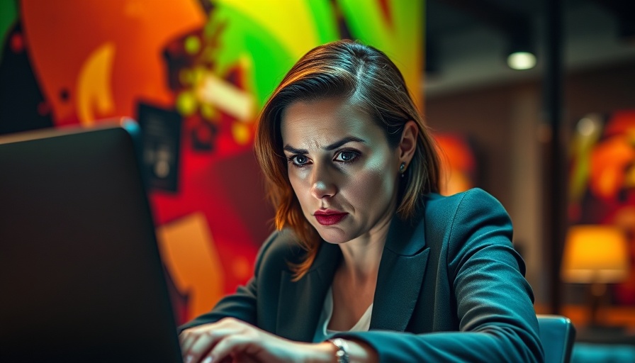 Concerned woman focusing on laptop in modern office setting.