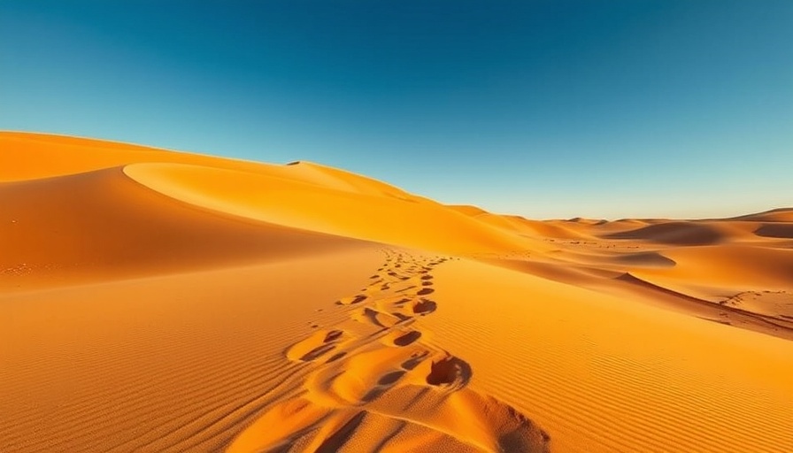 Tire tracks on golden sand dunes under a blue sky, desert landscape.