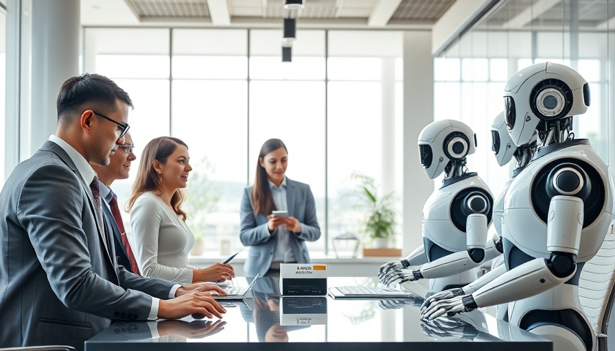 Collaborative workspace discussing AI strategies with robots and professionals.