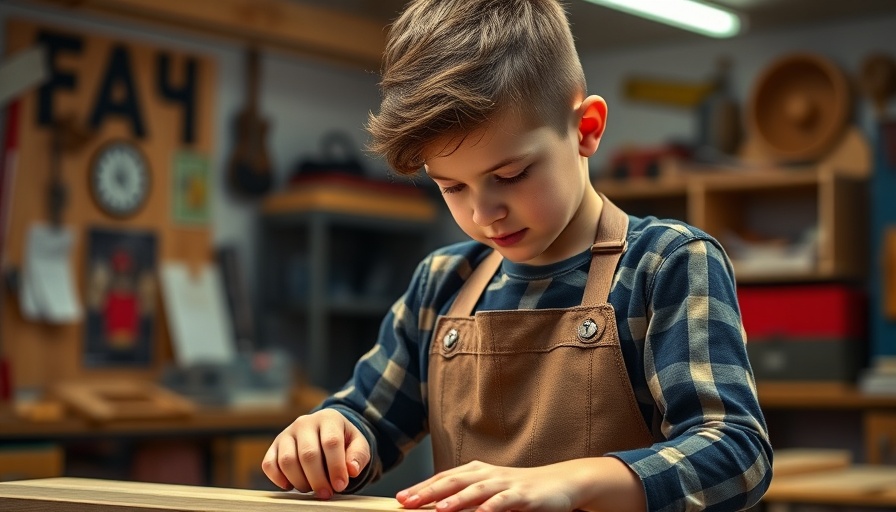 Young student woodworking in vibrant classroom, training for manual labor.