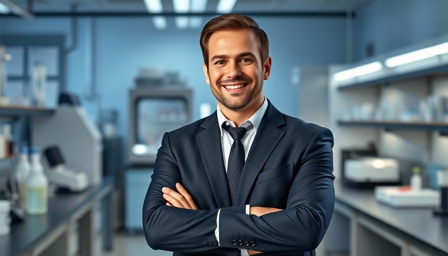 Confident man in a suit smiling in a laboratory