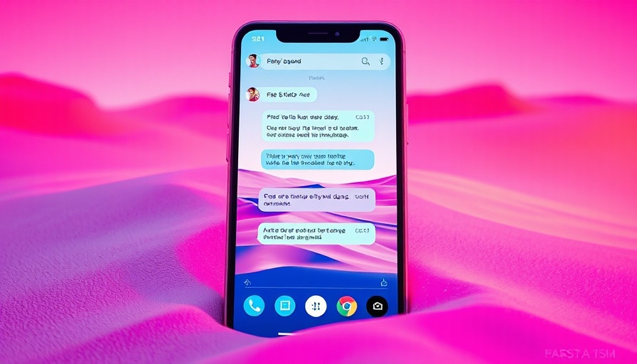 Futuristic smartphone chat interface in pink desert landscape illustrating AI companionship.