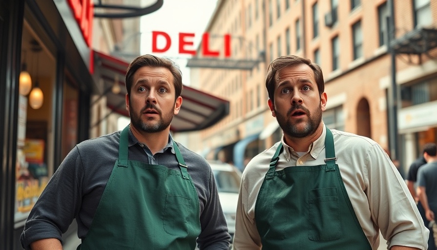 Two men surprised outside a deli in the city.