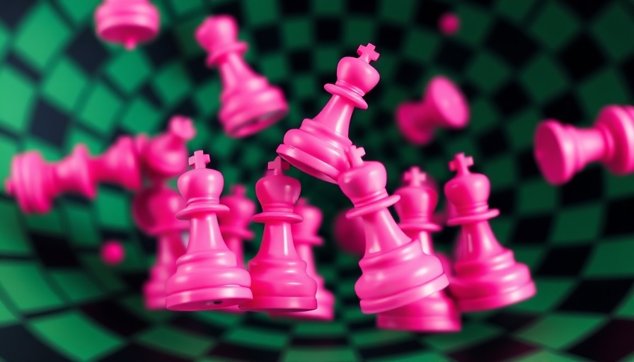 Surreal pink chess pieces in spiral vortex.
