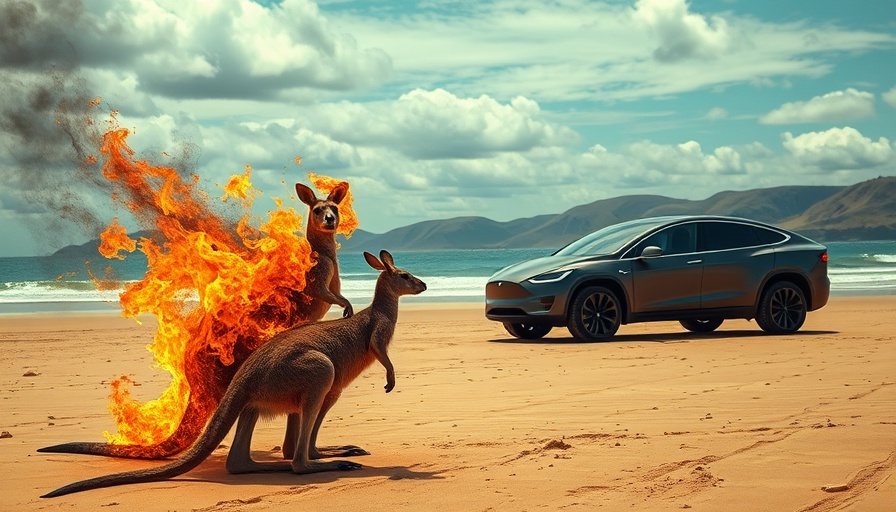 Kangaroos watch Tesla Cybertruck on fire on Australian beach.