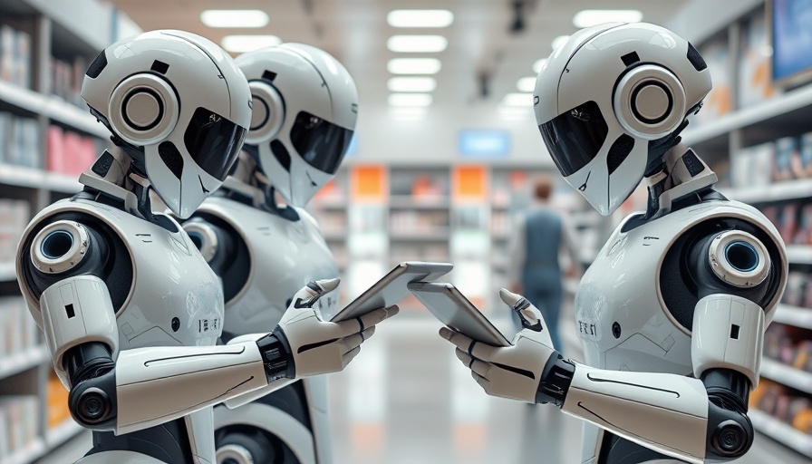 Robots in retail store managing compliance with AI, photorealistic.