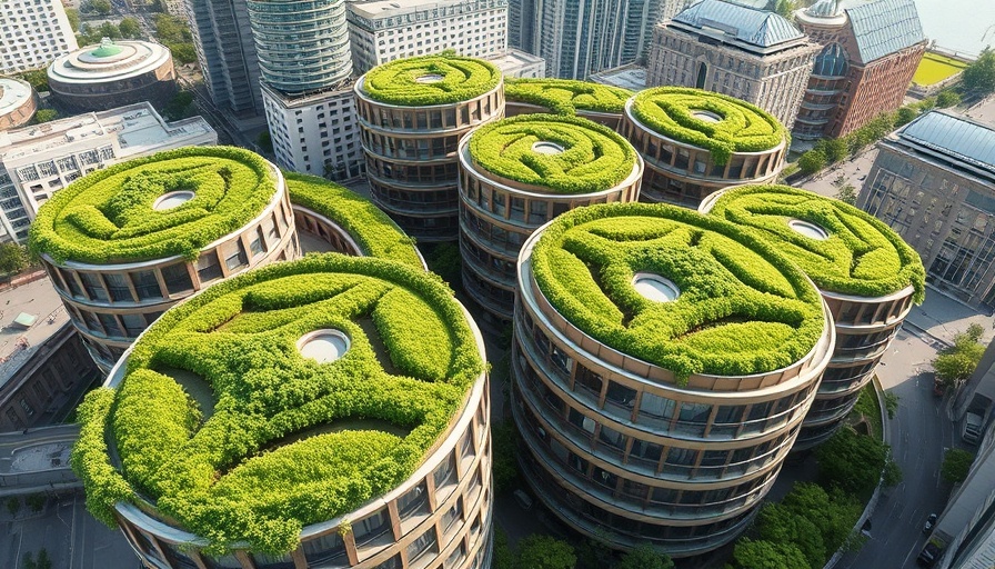 Aerial view of sustainable urban architecture in Denmark, highlighting modern green rooftops.