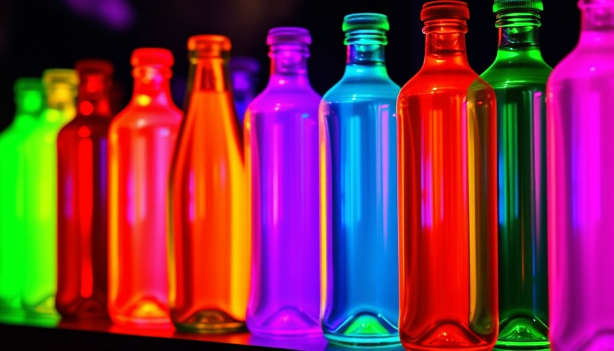 Colorful glowing bottles representing AI in data visualization, vibrant design.