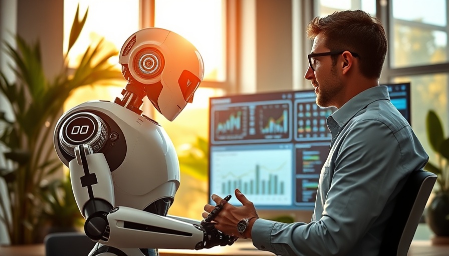 AI robot and man collaborate on data analysis in modern office.