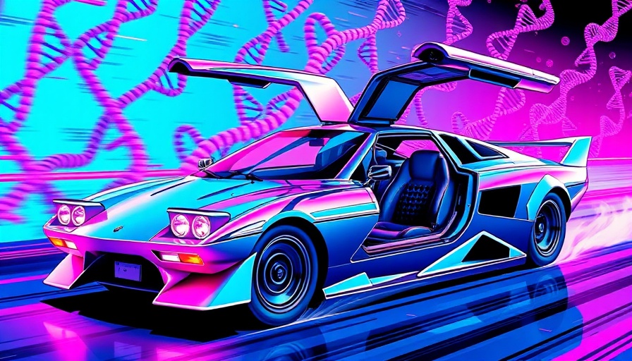 Pop Art style car with DNA strands, vibrant blue and pink hues, dynamic motion.