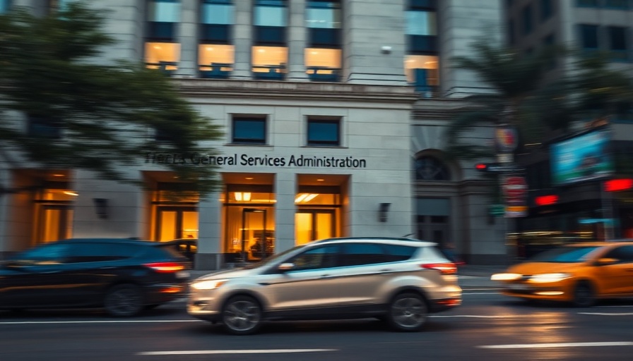 Motion blur of cars near General Services Administration building.
