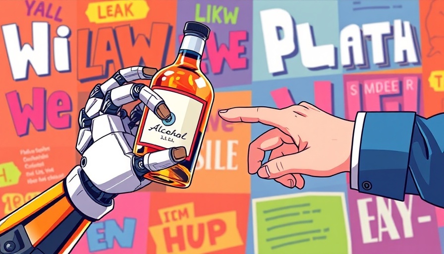 Robotic hand giving alcohol bottle to human hand in colorful illustration.