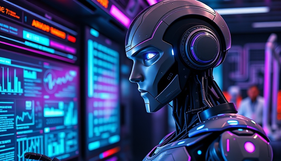 Futuristic AI analyzing data screens in high-tech environment.