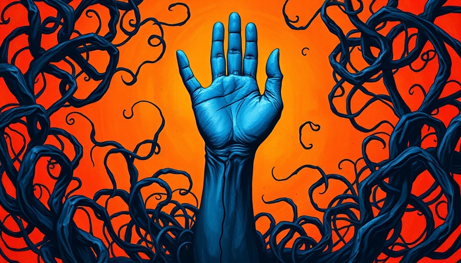 Surreal blue hand reaching up amid chaos of black swirls.