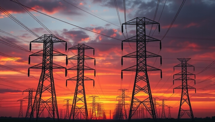 Advanced transmission technologies with silhouetted towers at sunset.