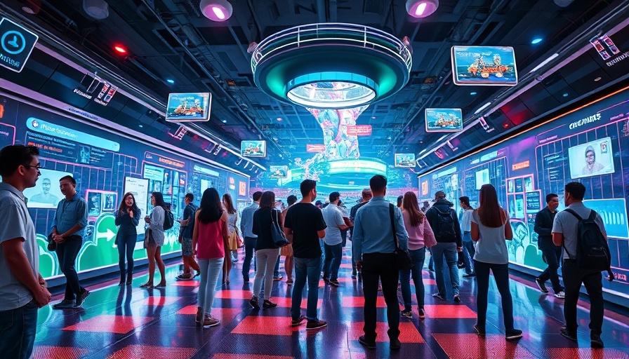 Futuristic scene with people using AI image generators in a vibrant setting.