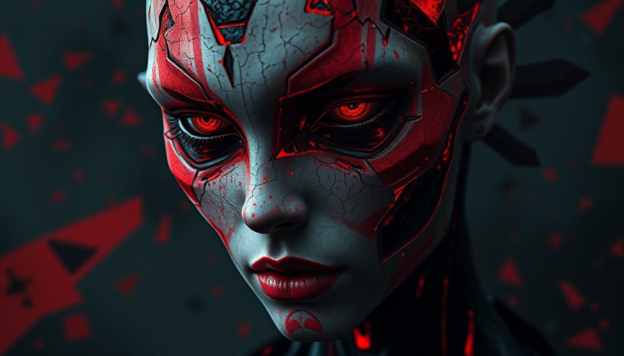 Fractured humanoid face depicting AI flaws with red and black cracks.