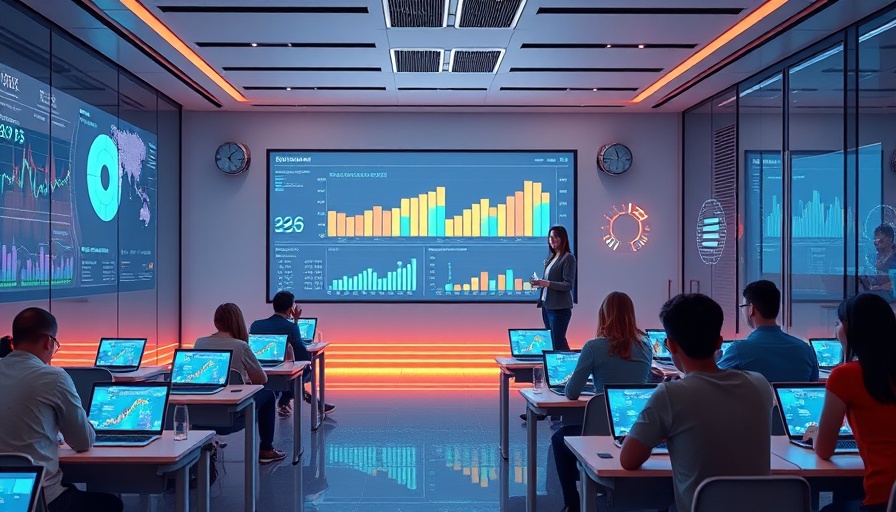 AI-powered tools in education shown in futuristic classroom setting.