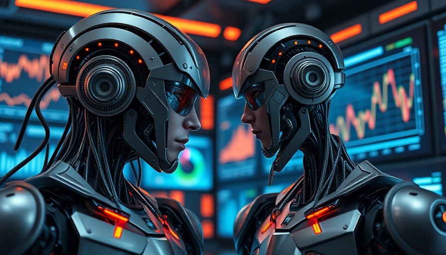 Robots analyzing data for AI downtime risks in a futuristic control room.