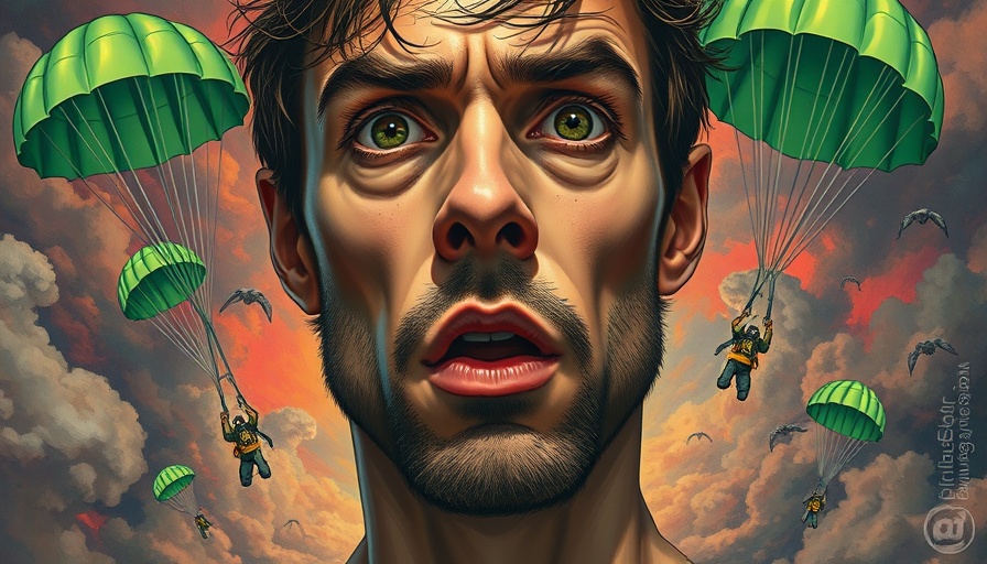 Surreal portrait with green parachutes descending, vibrant illustration.