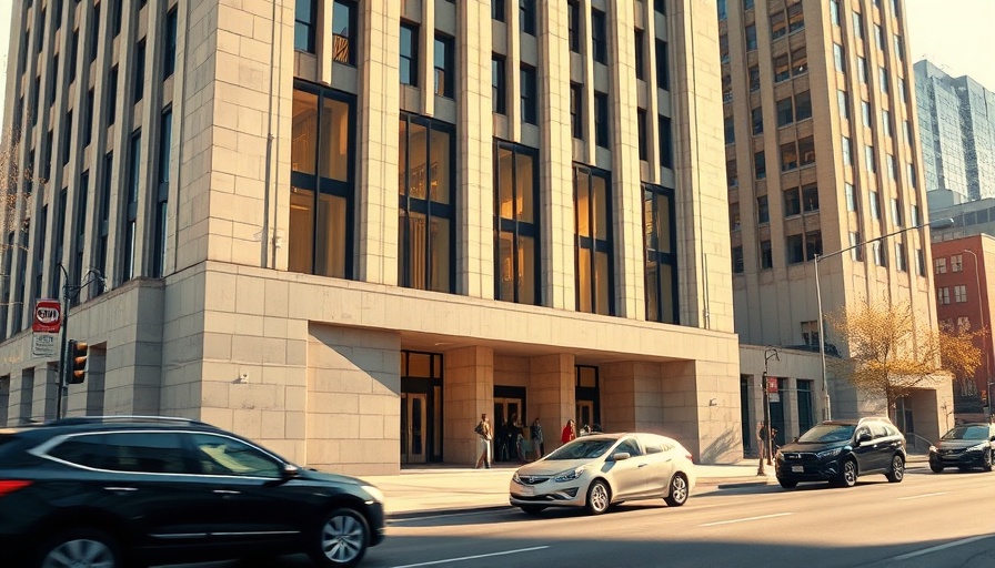 Federal building under shadows with people entering.