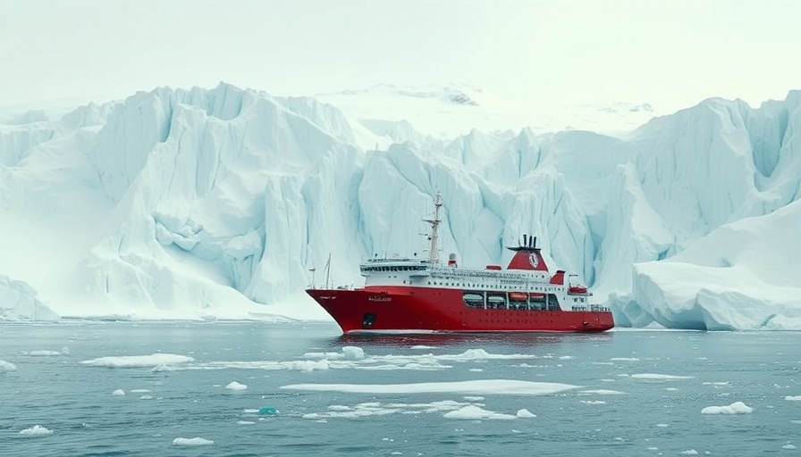 Expansive view of doomsday glacier with red ship in icy waters.