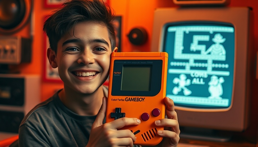 Retro gaming scene with Gameboy player smiling, AI learning challenges.
