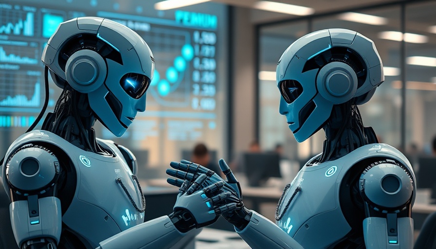 AI-powered robots curating knowledge with holographic data displays.