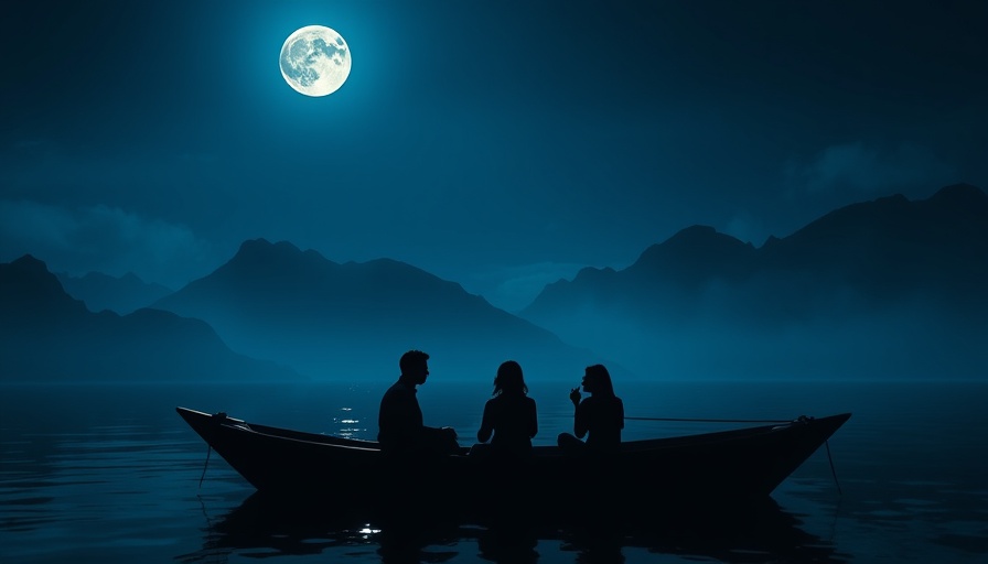 Silhouette of three people talking on a boat under moonlight.