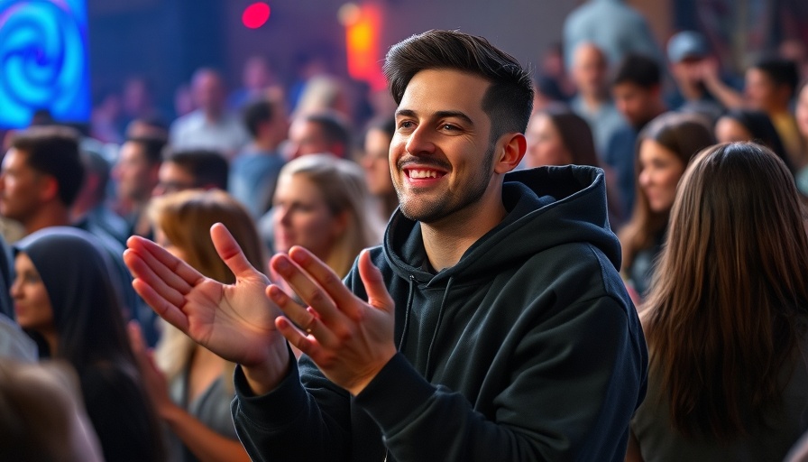 Charismatic figure clapping in a crowd at a social event, xAI Acquisition of X.