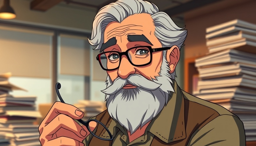 Studio Ghibli character, older man relaxing with glasses in office setting.
