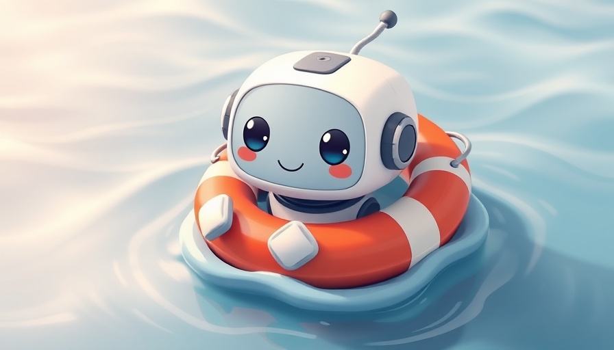 Cute robot with life preserver, AI therapy concept.