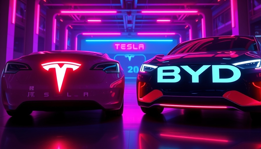 Tesla vs BYD electric logos in vibrant neon colors.