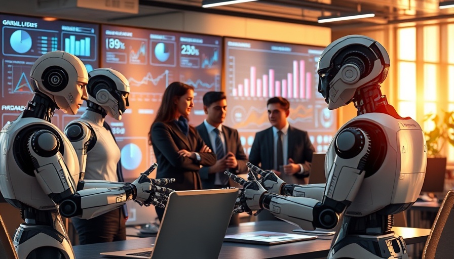 Futuristic office with humans and robots showcasing speech-to-text models.