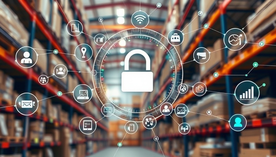 Futuristic AI smart assistant in a warehouse setting, network overlay.