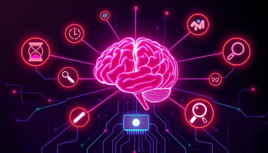 Futuristic brain with pixelated icons illustrating brain-computer interfaces and AI therapy.