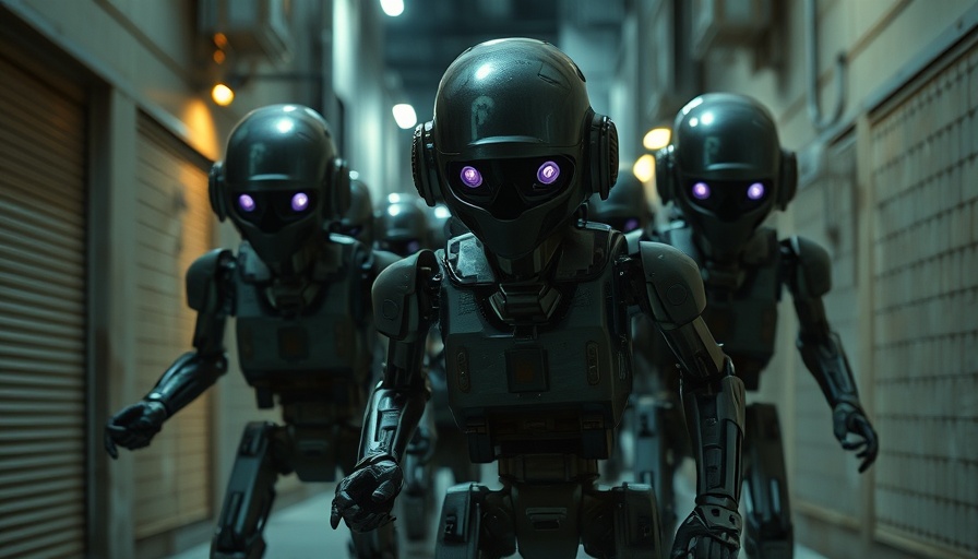 AI-generated dystopian robots marching in a dimly lit alley.