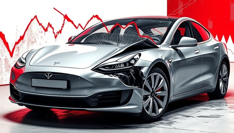 Conceptual image of damaged Tesla with stock decline chart.