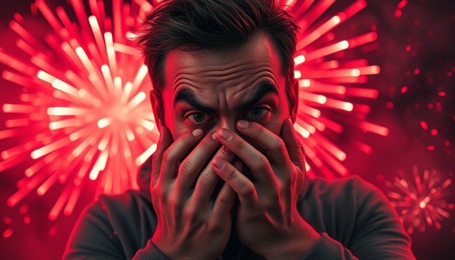 Startup founder mental health: Anxious man amid chaotic fireworks.