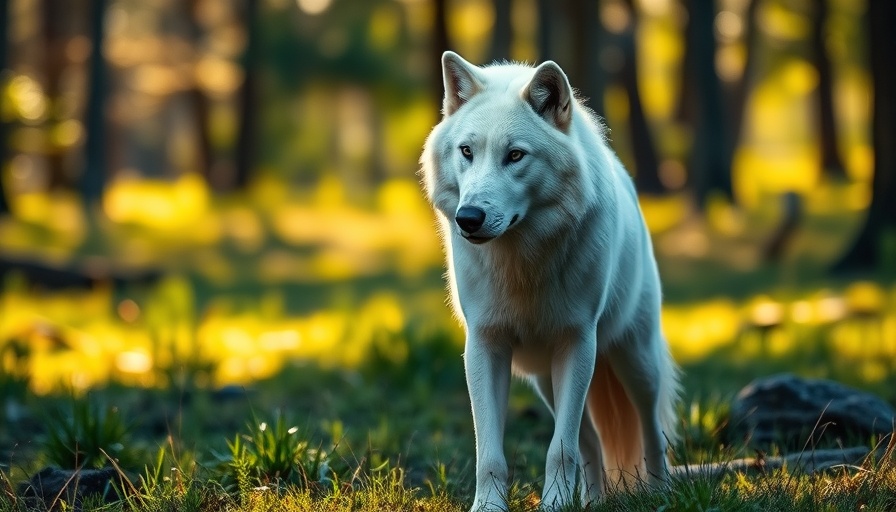 Majestic white wolf in a sunlit forest for dire wolf revival.