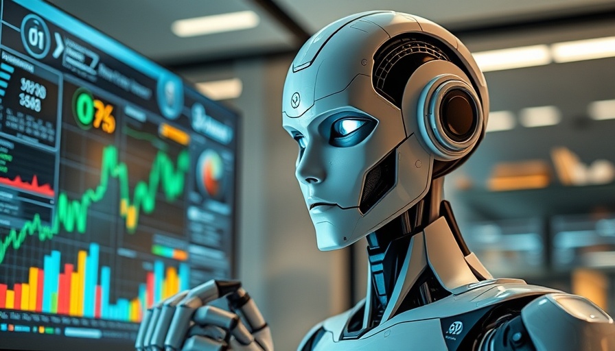 AI robot analyzing data for predictive competitor behavior modeling in tech office.