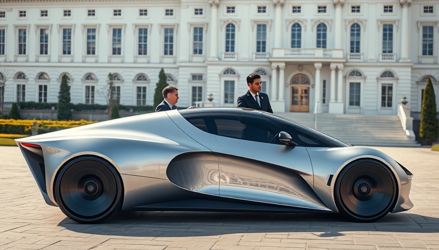 Futuristic vehicle by white building, men discussing, Cheaper Cybertruck