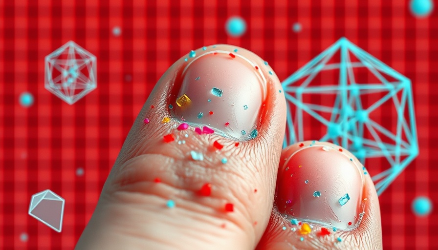 Microplastic particles on fingers with digital grid overlay