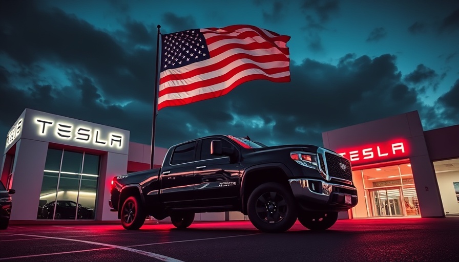 Gas guzzling trucks blockade Tesla dealership with a large flag.