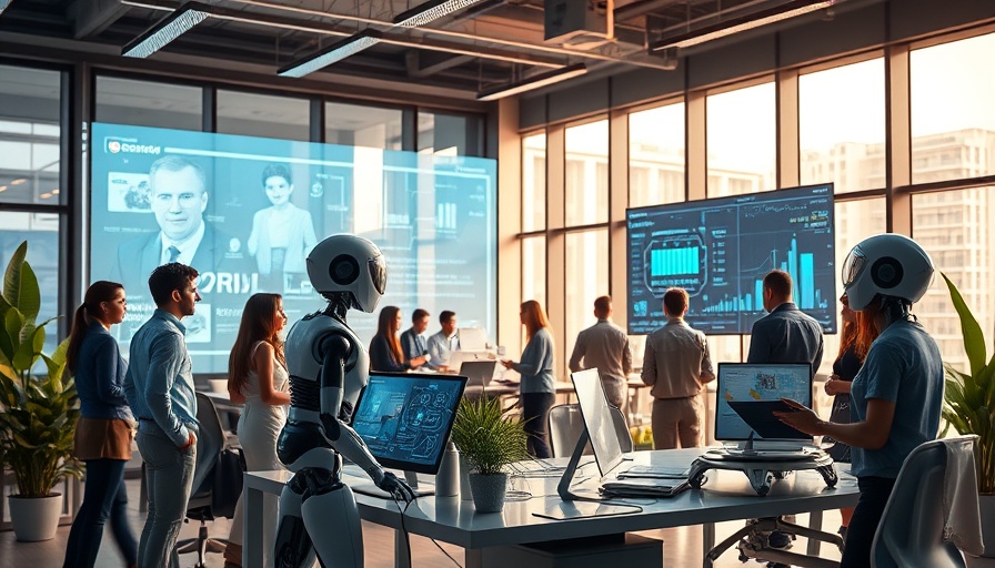 Futuristic AI media asset management in modern office with screens.