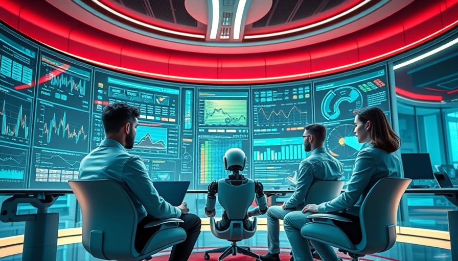 Experts and a robot monitor AI systems for ethical compliance in a futuristic office.