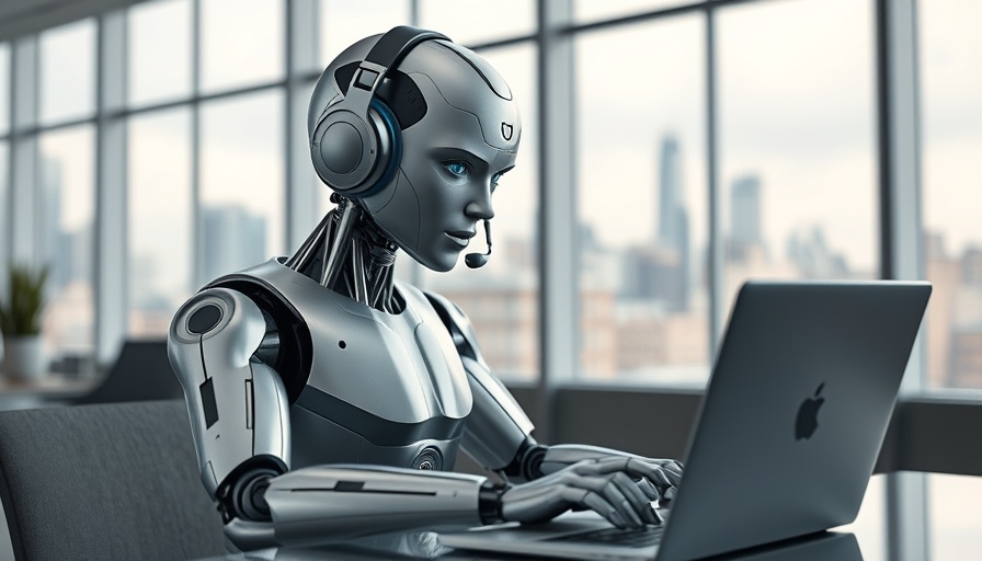 AI hallucinations risk in customer service: robot working at a laptop.