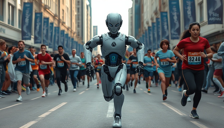 Humanoid robot in marathon with human runners, vibrant urban scene.
